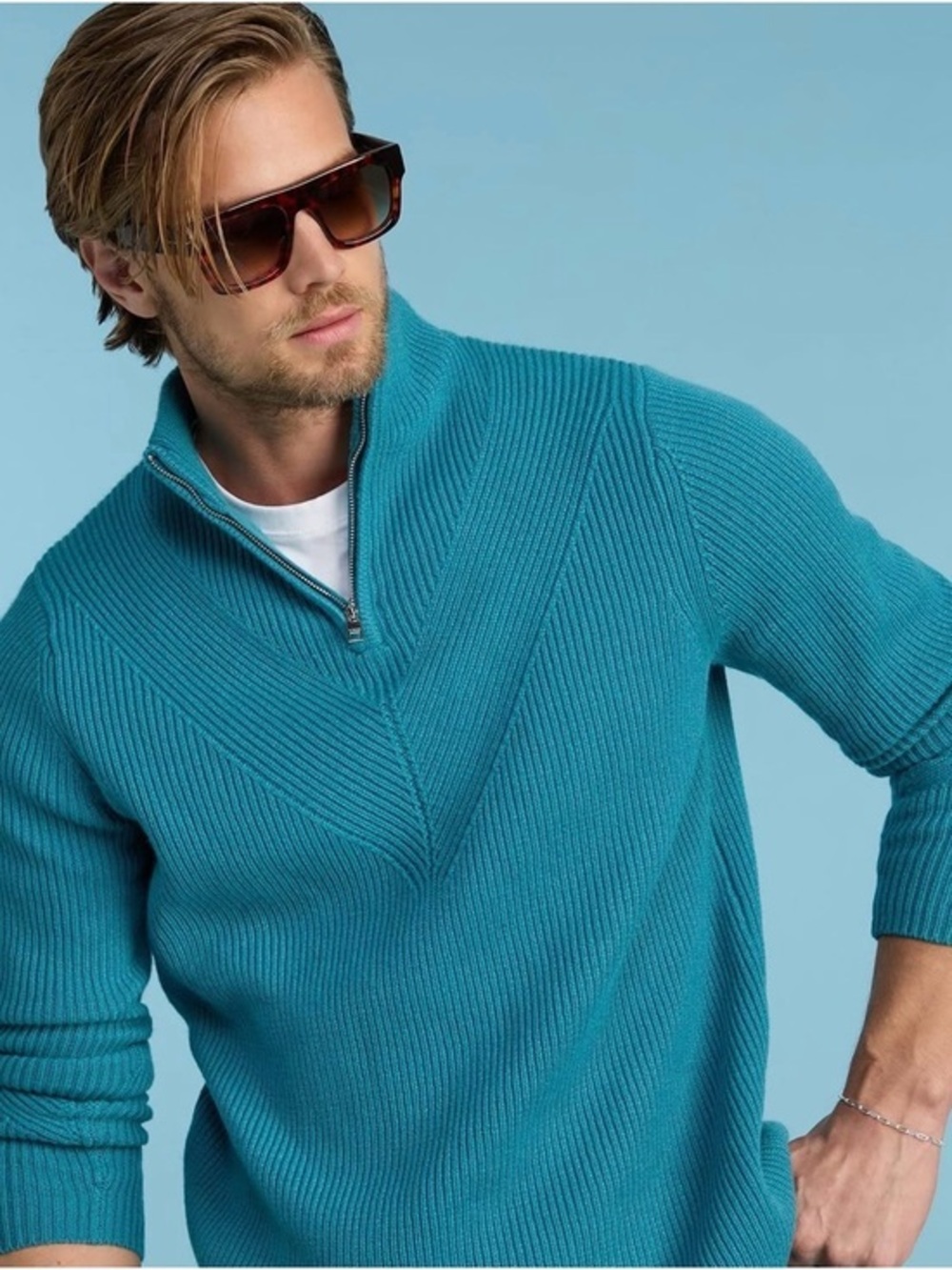 G/fore cashmere ribbed aqua quarter zip golf sweater